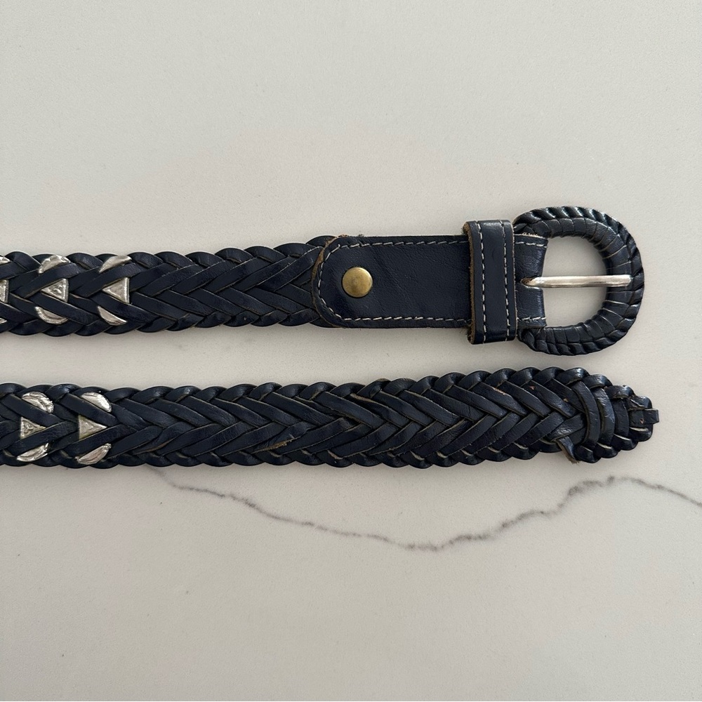 Vintage Anthropologie Western Style Braided Leather Silver Belt Navy Blue Medium